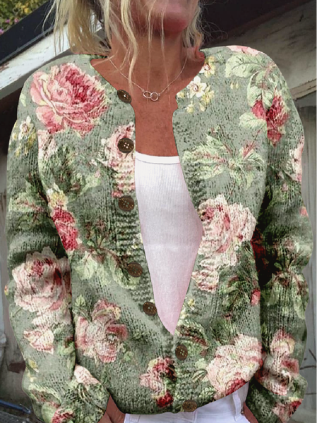 

Loose Crew Neck Ethnic Cardigan, As picture, Cardigans