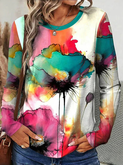 

Casual Floral Crew Neck Long Sleeve T-shirt, Green, T-shirts