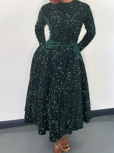 

Women's Long Sleeve Spring/Fall Geometric Dress Crew Neck Holiday Going Out Elegant Maxi A-Line, Green, Dresses