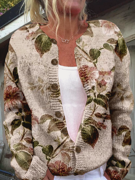 

3D Printing Crew Neck Vintage Loose Cardigan, As picture, Cardigans