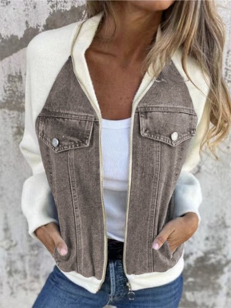 

Women's Contrast Stitching Zipper Regular Loose Jacket, Gray, Outerwear