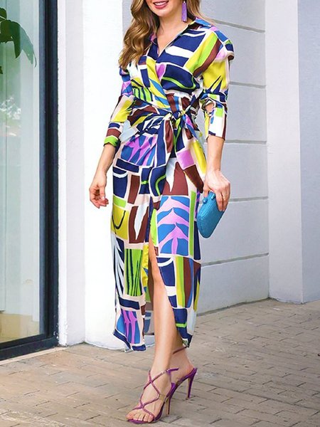 

Elegant Geometric Shirt Collar Midi Dress, As picture, Midi Dresses