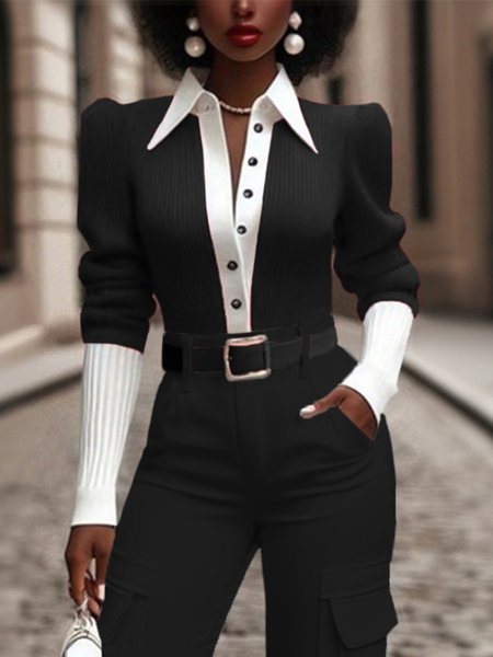 

Puff Sleeve Color Block Elegant Sweater Shirt, Black, Pullovers