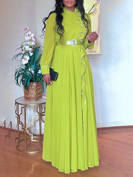 

Elegant Plain Balloon Sleeve Peplum Crew Neck Maxi Dress No Belt, Green, Maxi Dresses