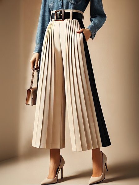 Urban Plain Pleated Fashion Wide Leg Pants With No Belt, Light khaki, Pants