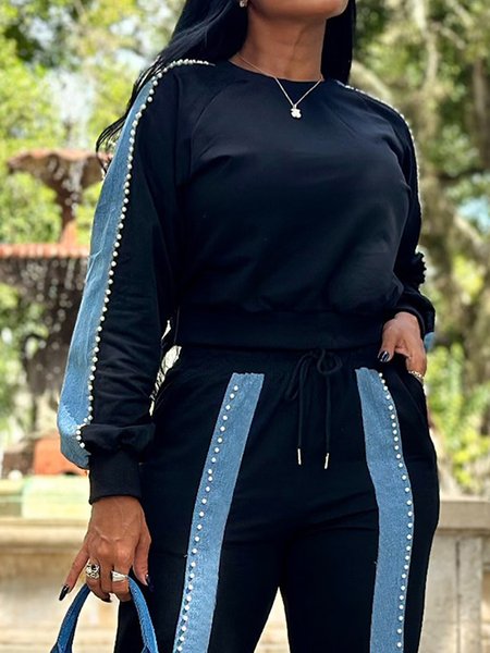 

Casual Color Block Beaded Crew Neck Raglan Sleeve Sweatshirt, Black, Hoodies and Sweatshirts