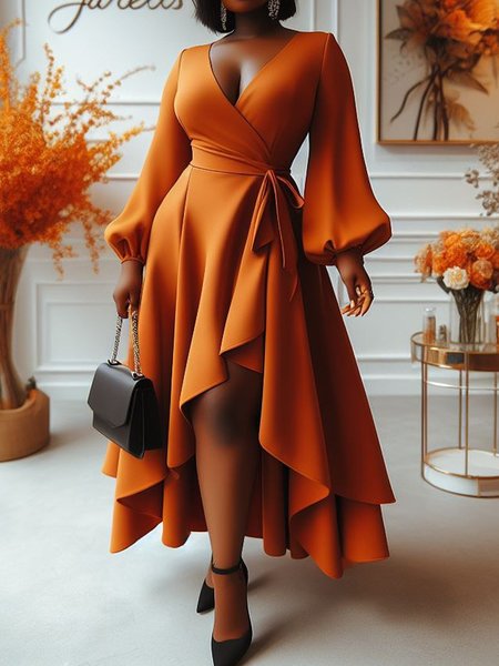 

Elegant Plain Balloon Sleeve V Neck Maxi Dress, Orange, Maxi Dresses