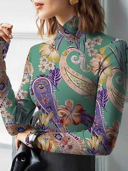 Casual Paisley Printing Turtleneck T-shirt, Green, Tees