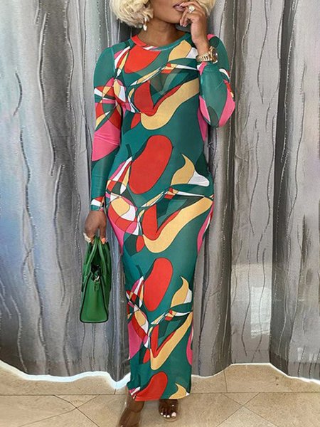 

Urban Random Print Crew Neck Maxi Dress With Inner Strap Dress, As picture, Maxi Dresses