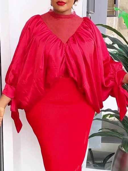 

Elegant Plain Split Joint Stand Collar Balloon Sleeve Blouse, Red, Blouses and Shirts