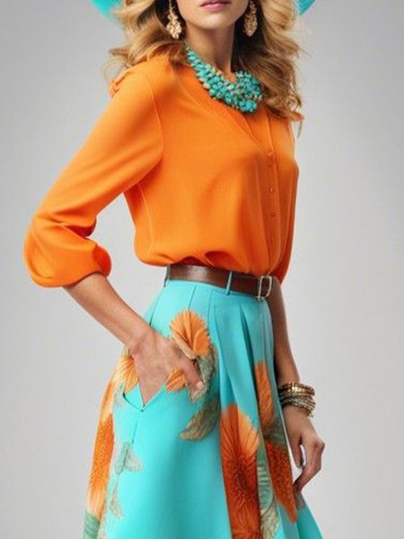 

Elegant Plain Crew Neck Balloon Sleeve Shirt, Orange, Blouses and Shirts