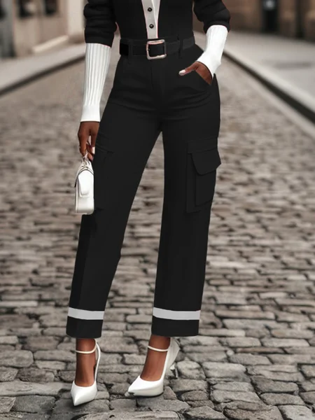 

Color Block Urban Cargo Ankle Pants With No Belt, Black, Pants