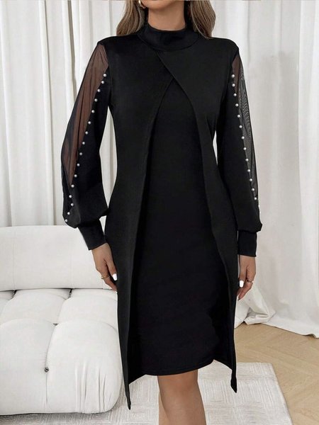 Elegant Plain Balloon Sleeve Beaded Midi Dress, Black, Midi Dresses