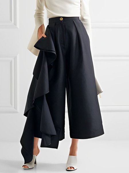 

Urban Plain Irregular Craftsmanship Wide Leg Pants, Black, Pants