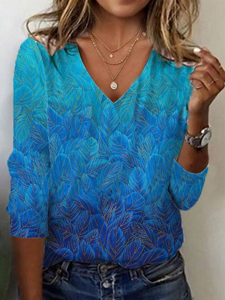 

Casual Leaf V Neck Long Sleeve T-shirt, Blue, T-shirts
