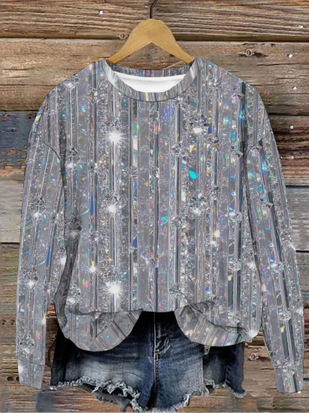 

Silver Glitter Effect With Colorful Dots And Vertical Stripes Sweatshirt, Hoodies&Sweatshirts