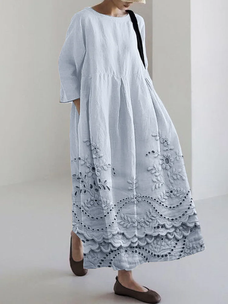 

Cottage Floral Embroidered Lace Hem Flowy Maxi Dress, Blue, Dresses