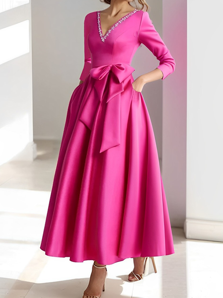 

Elegant Plain Together Maxi Party Dress With Belt, Rose red, Maxi Dresses