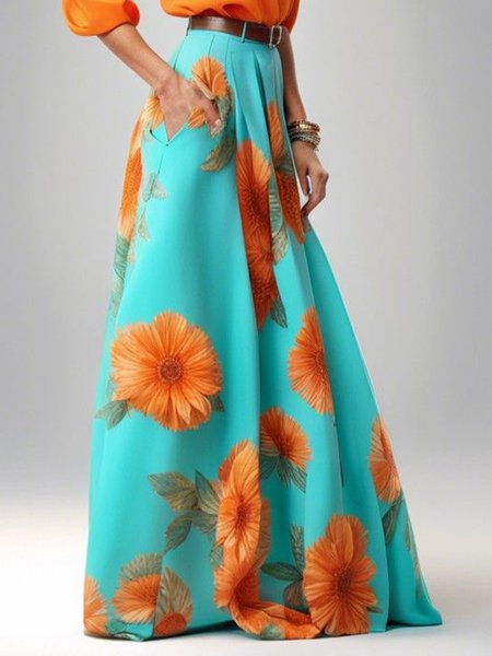 

Elegant Floral Maxi Skirt With No Belt, As picture, Skirts