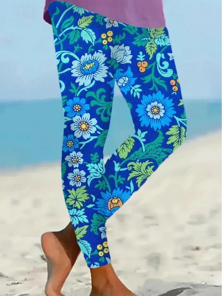 

Women's Casual Floral Jersey All Season Long Leggings, Blue, Leggings