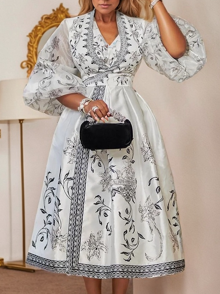 Elegant Floral Balloon Sleeve Printing V Neck Midi Dress, As picture, Midi Dresses