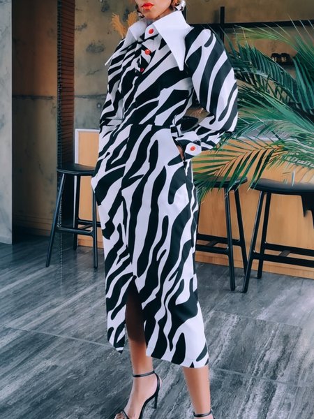

Urban Zebra Puff Sleeve Shirt Collar Midi Dress, Black-white, Midi Dresses