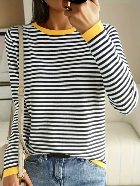Casual Striped Crew Neck Long Sleeve T-shirt, As picture, T-shirts