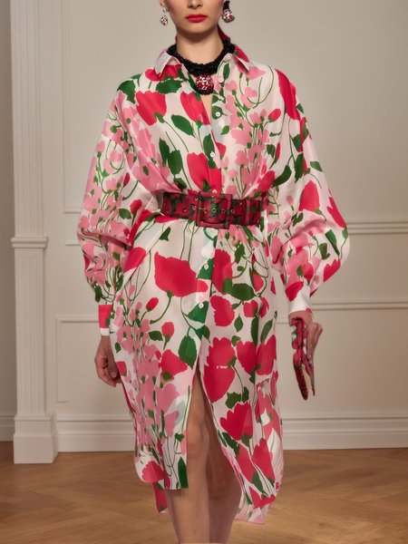 

Elegant Floral Balloon Sleeve Midi Dress With Belt, As picture, Midi Dresses