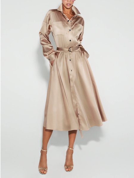 

Elegant Plain Shirt Collar Midi Dress Belt, As picture, Midi Dresses