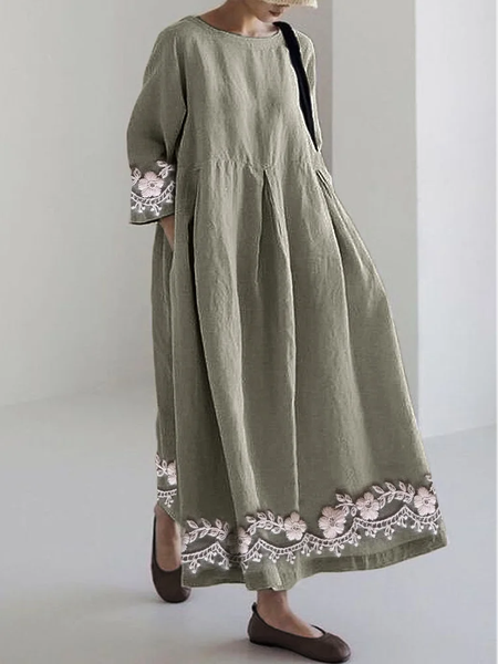 

Classy Floral Embroidered Hem Linen Blend Maxi Dress, As picture, Maxi Dresses