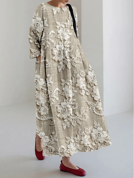 

Cottage Floral Embroidered Lace Linen Blend Maxi Dress, As picture, Maxi Dresses