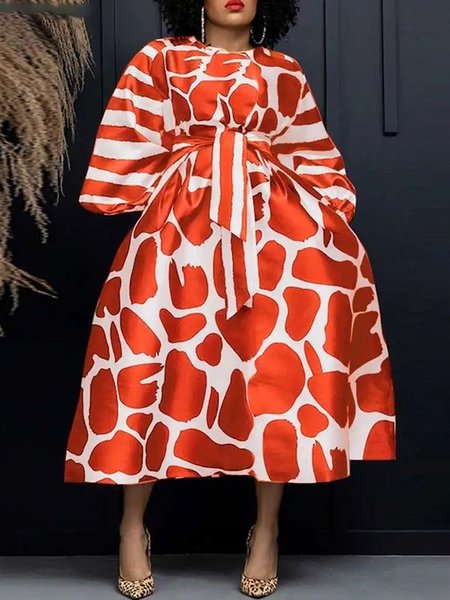 

Elegant Polka Dots Balloon Sleeve Crew Neck Maxi Dress With Belt, Orange red, Maxi Dresses