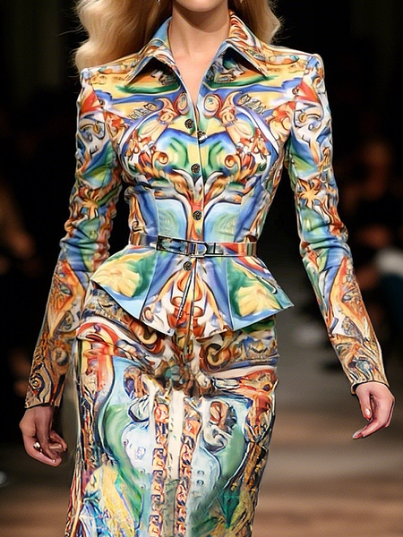 

Elegant Random Print Shirt Collar Jacket With Belt, As picture, Jackets