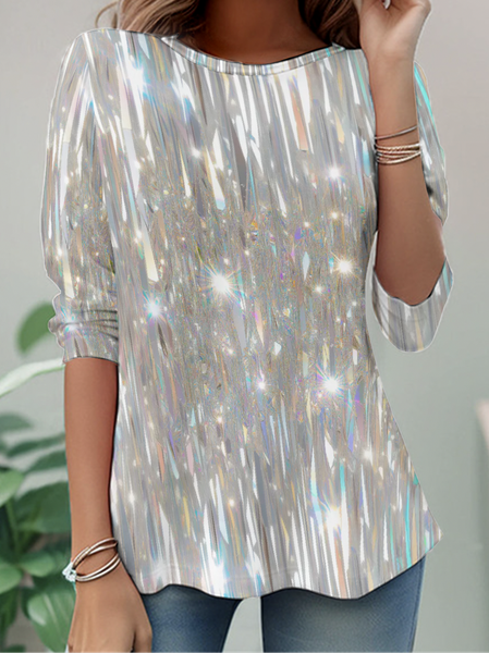 Dreamy Light Spots, Shining Silver Long Stripes Long Sleeve Shirt, Long sleeves