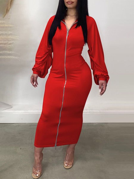 

Urban Plain Balloon Sleeve Stand Collar Maxi Dress, Red, Maxi Dresses