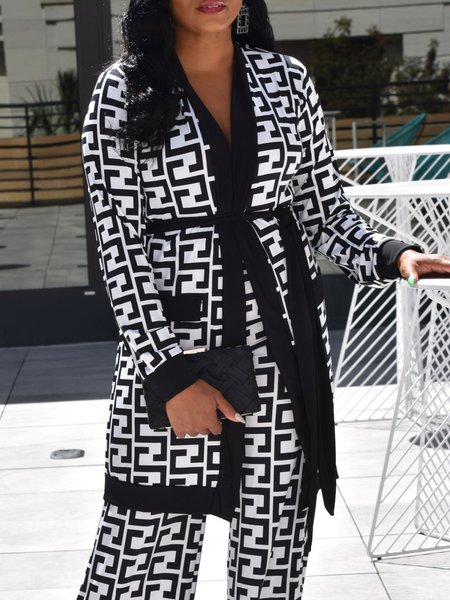 Casual Printing Geometric Kimono With Belt, Black-white, Kimonos