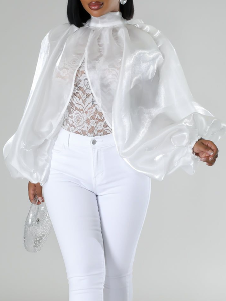 

Elegant Plain Stand Collar Balloon Sleeve Blouse With No Lace, White, Blouses and Shirts