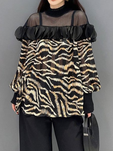 

Urban Animal Print Split Joint Stand Collar Balloon Sleeve Blouse, Black, Blouses and Shirts