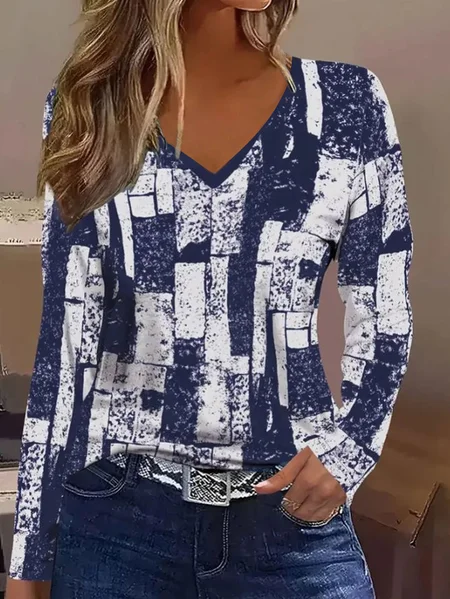 

Abstract printed casual V-neck T-shirt, Blue, Long sleeves