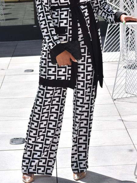

Casual Geometric Wide Leg Pants, Black-white, Pants