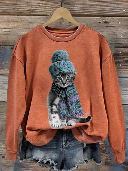 

Women's Artistic Cat Print Sweatshirt, Orange, Hoodies&Sweatshirts