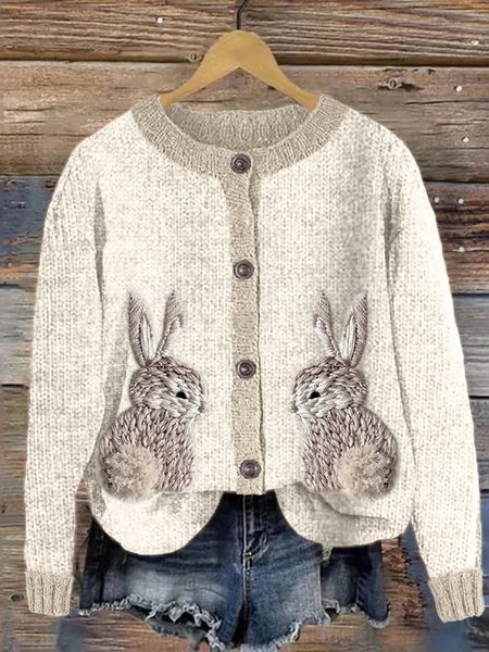 

Animal Picture Casual Loose Knitted Cardigan, As picture, Sweaters