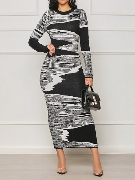 Casual Colorblock Printing Crew Neck Maxi Dress, As picture, Maxi Dresses