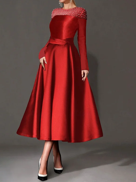 

Elegant Plain Crew Neck Midi Party Dress, Red, Maxi Dresses