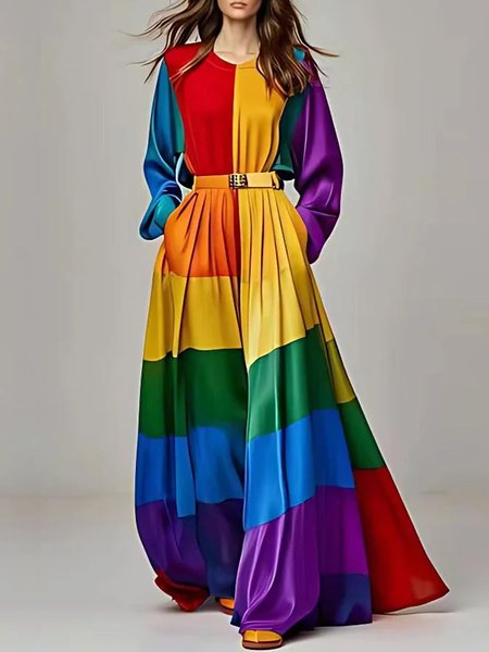 

Urban Colorblock Crew Neck Maxi Dress Belt, As picture, Maxi Dresses