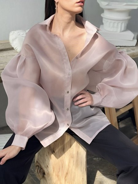 

Urban Plain Shirt Collar Balloon Sleeve Shirt, Light pink, Blouses and Shirts