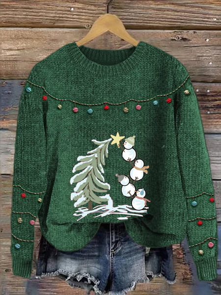 

Women's Christmas Snowman Print Crew Neck Sweater, Green, Sweaters
