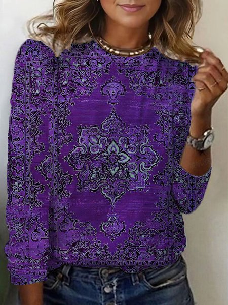 Casual Ethnic Crew Neck Long Sleeve T-shirt, Purple, T-shirts