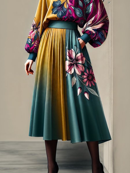 Elegant Printing Loosen Floral Midi Skirt, As picture, Skirts