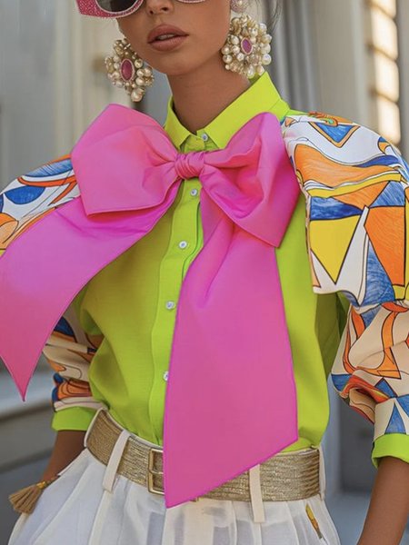 

Urban Color Block Bow Shirt, As picture, Blouses and Shirts